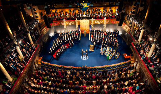 A bird's eye picture of the Nobel Prize Award Ceremony in the Stockholm Concert Hall on 10 December 2012