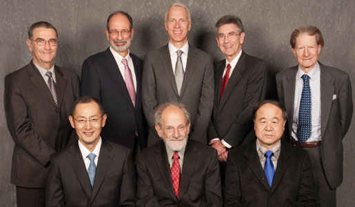 The 2012 Nobel Laureates assembled for a group photo during their visit to the Nobel Museum in Stockholm, 6 December 2012. Back row, left to right: Nobel Laureate in Physics Serge Haroche, Laureate in Economic Sciences Alvin E. Roth, Nobel Laureates in Chemistry Brian K. Kobilka and Robert J. Lefkowitz, and Nobel Laureate in Physiology or Medicine Sir John B. Gurdon. Front row, left to right: Nobel Laureate in Physiology or Medicine Shinya Yamanaka, Laureate in Economic Sciences Lloyd S. Shapley and Nobel Laureate in Literature Mo Yan. Not in photo: Nobel Laureate in Physics David J. Wineland.