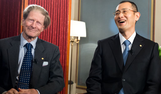 Sir John B. Gurdon (left) and Shinya Yamanaka (right) during their interview with Nobelprize.org